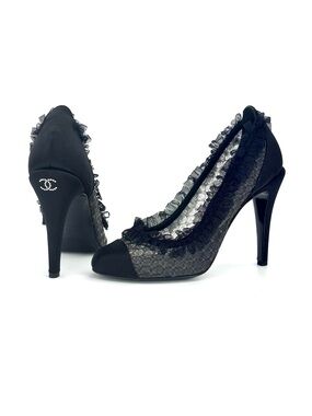 Chanel 2012 Lagerfeld CC Logo Black Ruffle Cap Toe Pumps 37.5